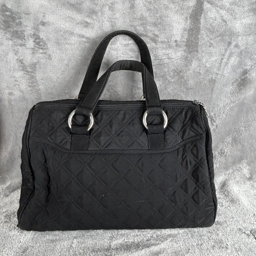 Vera Bradley Black Quilted Cotton Satchel Handbag with Front Pockets